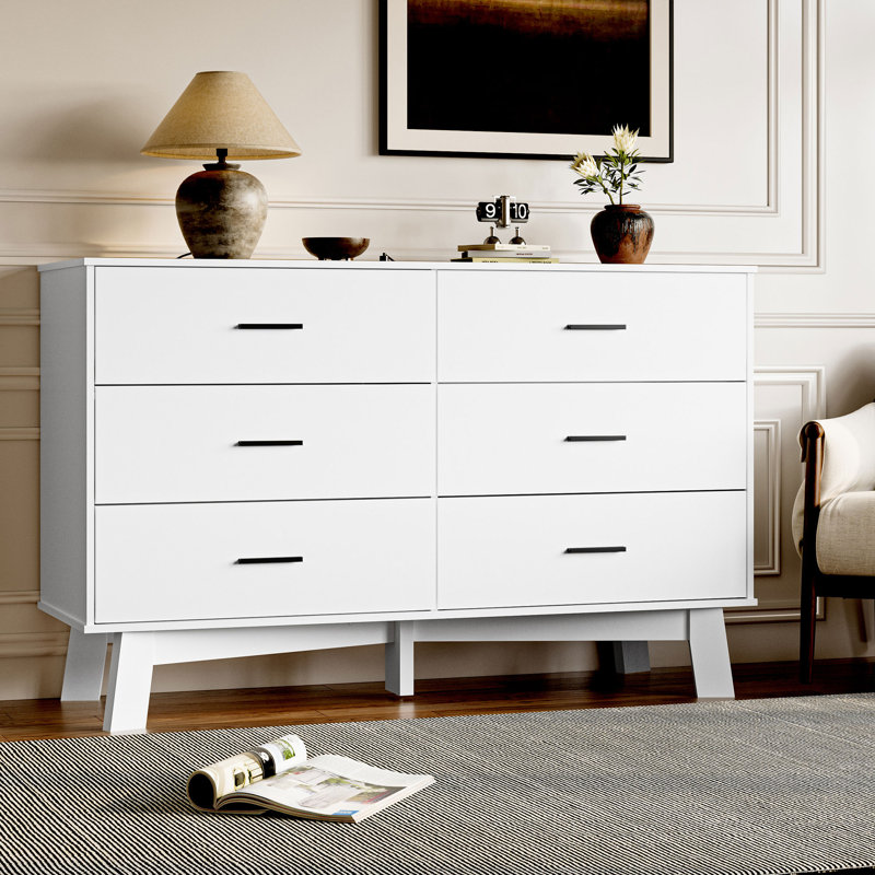 6 -Drawer Double Dresser 47.24''W, Chest Of Drawers With Adjustable Base For Bedroom, Living Room, White