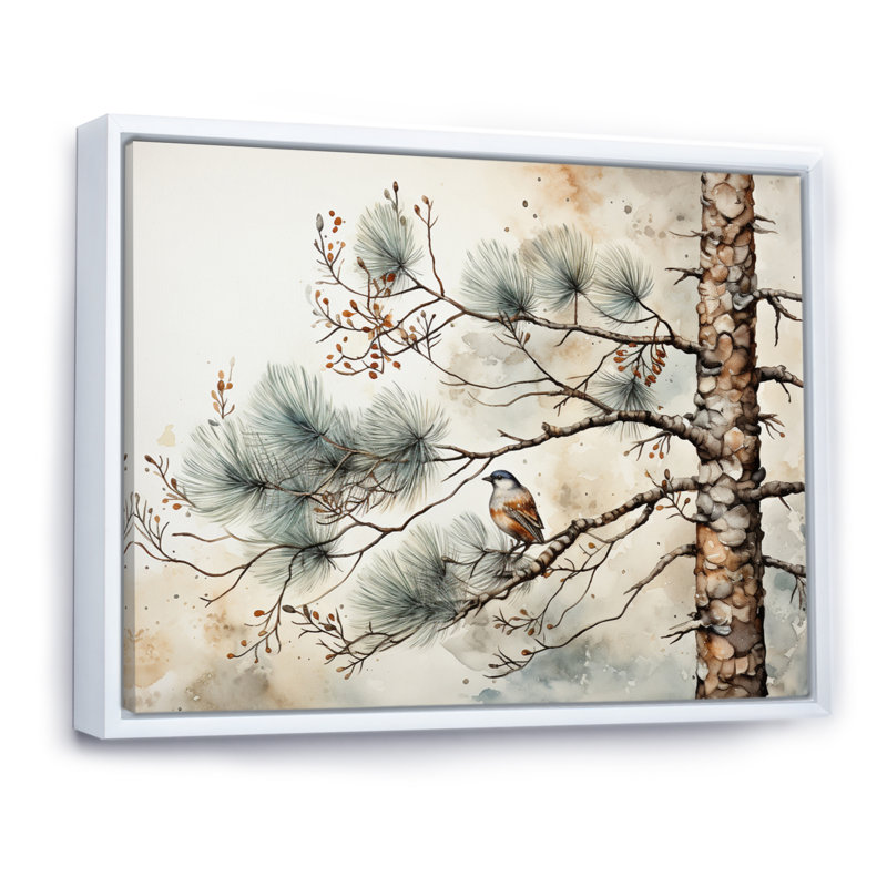 Décoration murale oiseau sur pin II, Cadre flottant blanc, H 34 po x l 44 po x P 1,5 po