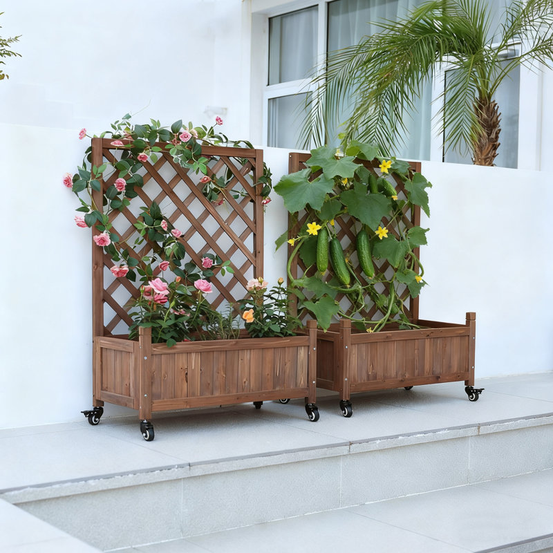 Tinatin 37" H 2-Piece Mobile Outdoor Raised Garden Bed with Trellis, Brown