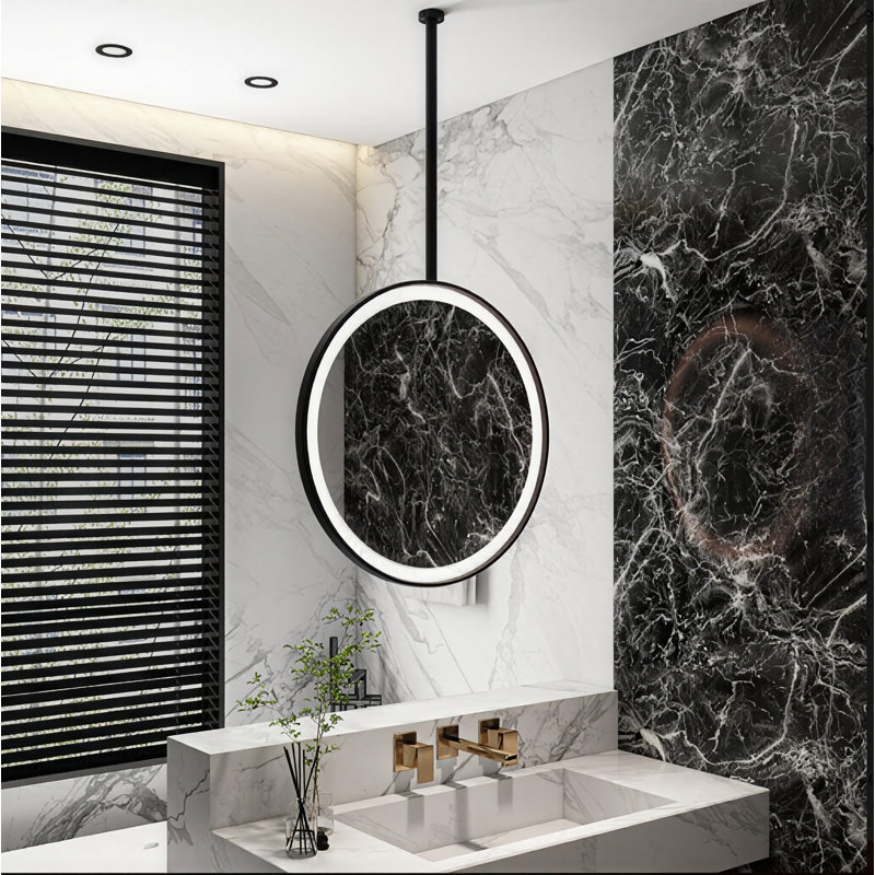 Black Round Ceiling Suspended 1 Side Led Mirror 24"