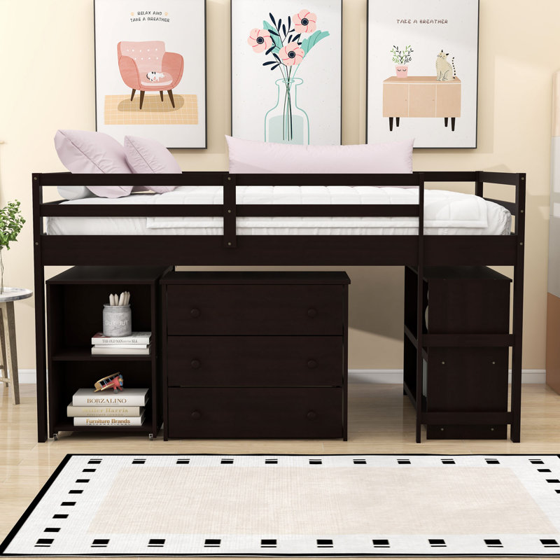 Elieser Kids Twin Loft Bed with Drawers, Espresso