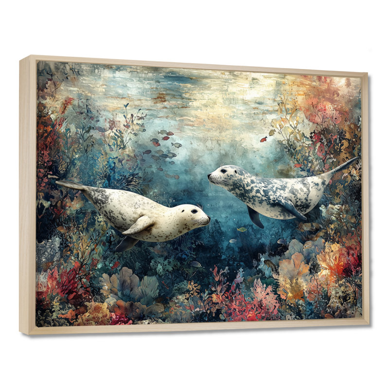 Jouant des phoques dans un paysage de corail II - phoque, décoration murale, H 16 po x l 32 po, Crème, crème