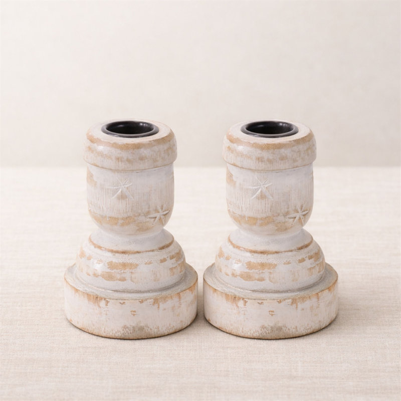 White Washed Wood Taper Candle Holder