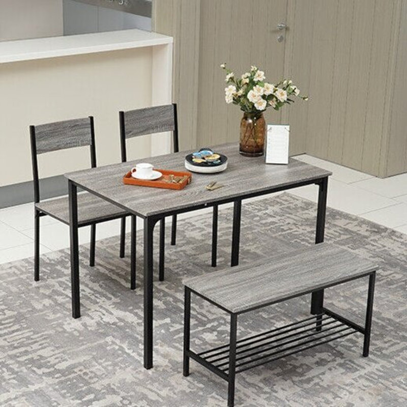 Dining Table Set With 2 Chairs And 1 Bench Rectangle Desk Furniture, Grey/Black