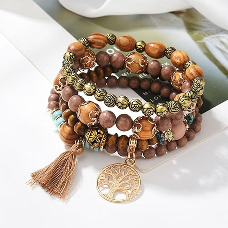 4 In1 Handmade Tree & Tassel Charms Beads Multilayer Bracelet Vintage Wrap Bracelet For Women Female, Brown