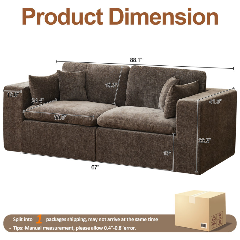 Canapé en chenille, H 25,1 po x l 83,5 po x P 41,3 po, Brun