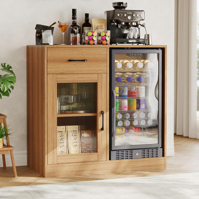 Home Bar Cabinet with Built-in Wine Cooler, Coffee Bar Station with Drawer & Fluted Glass Door, Wooden Sideboard Buffet Liquor Cabinet for Kitchen Living Room