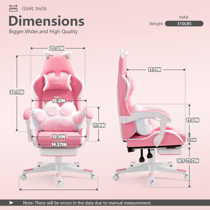 Fauteuil de jeu inclinable ergonomique en cuir de polyuréthane rose avec repose-pieds, capacité de 310 lb, inclinable à 6 positions, pivotant sur 360 °