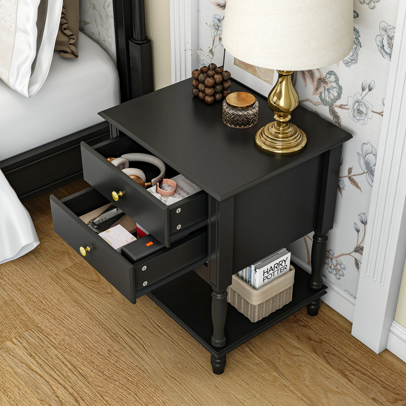 Elegent Nightstand With 2-Drawer & 1-Shelf, Black