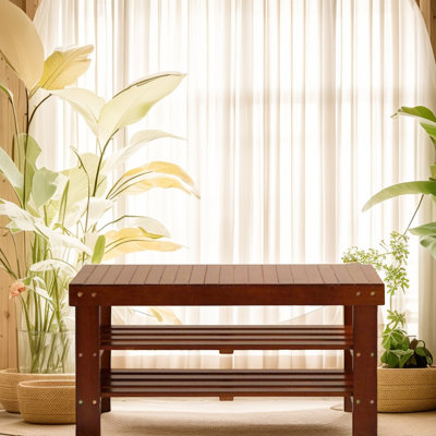 Cherry Finish Shoe Cabinet Storage - Strong Construction, Assembly Required Solid Bench With Shelf Build, 35.5"L X 18"H