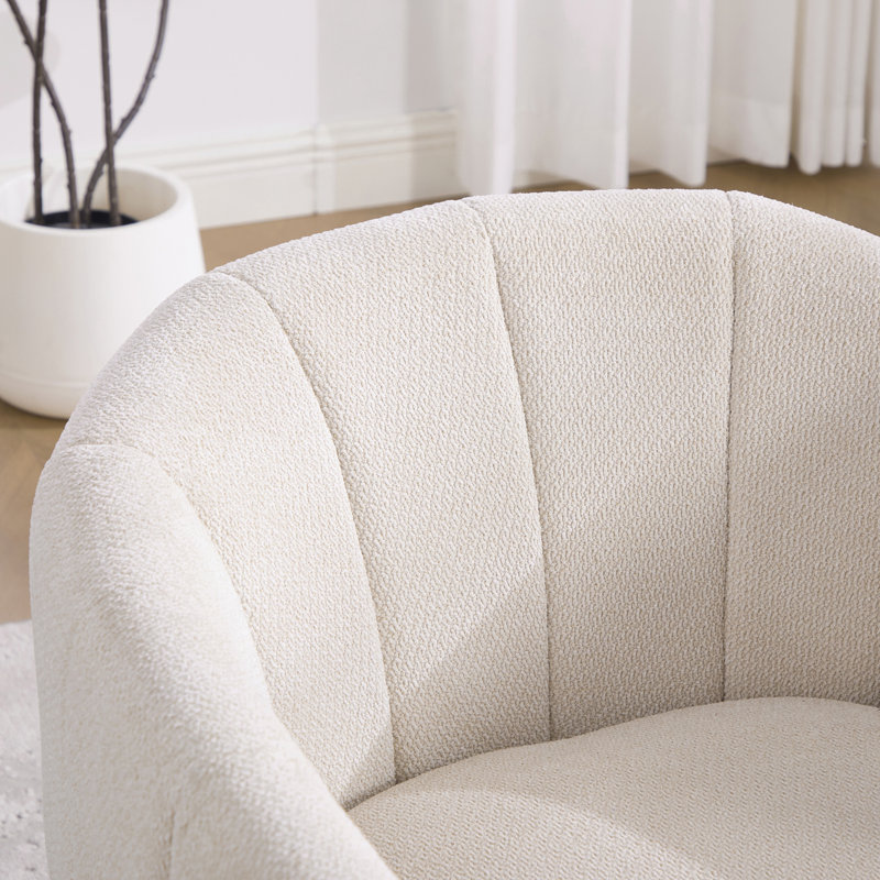Fauteuil demi-tonneau pivotant rembourré en chenille avec base en bois massif, Beige