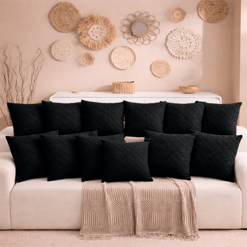 Aspire Homeware Diamond-Pattern Square Velvet Cushion Cover, Black, Pack of 12