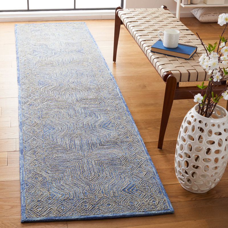 Tapis bleu en laine / coton touffeté à la main Teressa, Tapis de couloir 2 pi 3 po x 9 pi