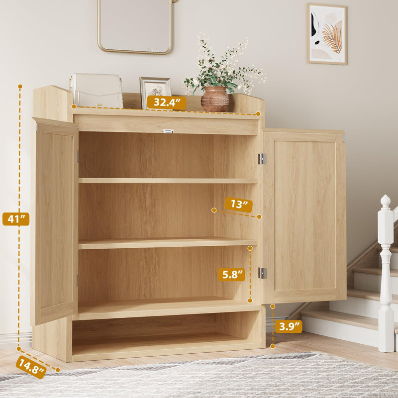 Armoire à chaussures moderne en rotin Boho - Organisateur de rangement pour entrée 2 portes - 5 tablettes réglables