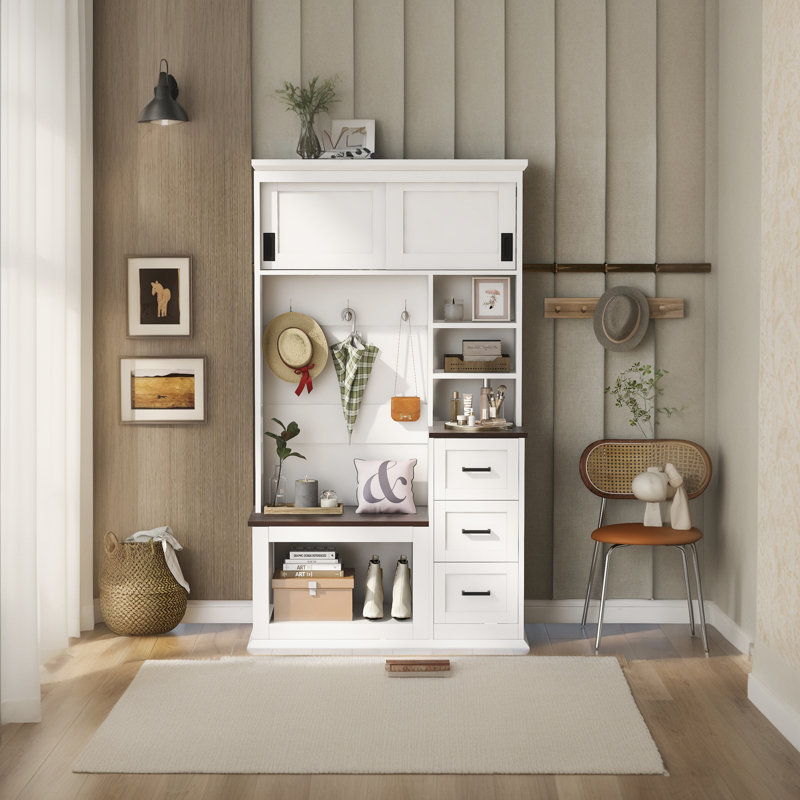 Arbre d'entrée 40,2 "avec banc de rangement, tablettes et tiroirs, Blanc