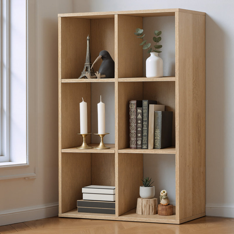 6-Cube Storage Organizer Shelf, Home Storage Shelf Divider w/ Back, 11-Inch Storage Bookcase, Natural Oak , Natural Oak