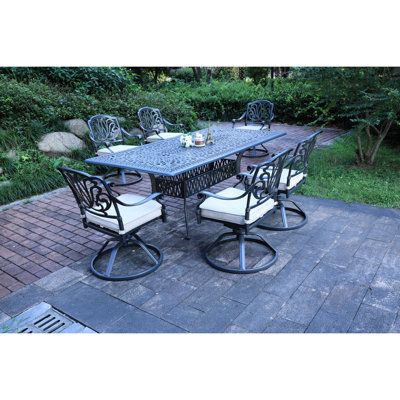 6 repas d'extérieur avec tissu et table rectangulaire spacieuse avec coussins pivotants à 360 degrés en aluminium