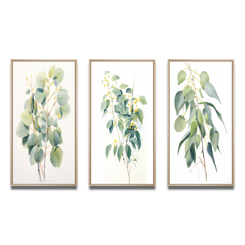 «Green White Minimalisme Eucalyptus Essence I», 3 pièces sur toile, Cadre naturel flottant, H 20 po x l 36 po