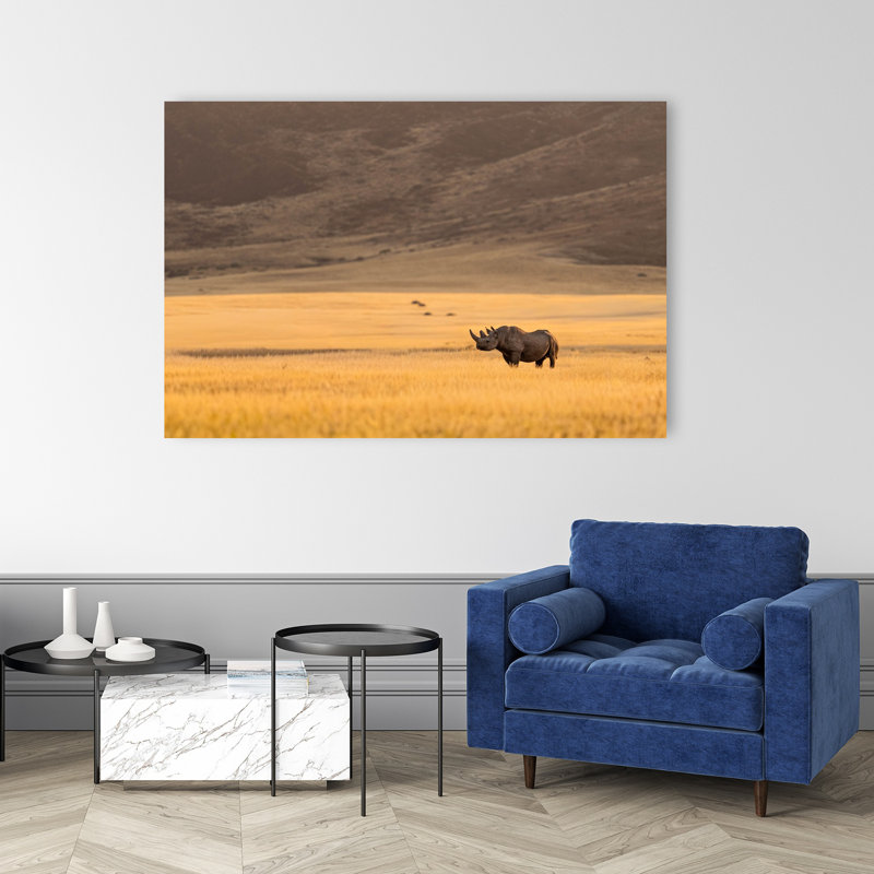 Golden Hour, rhinocéros noir, paysage contemporain abstrait, art mural, 40" H x 60" W