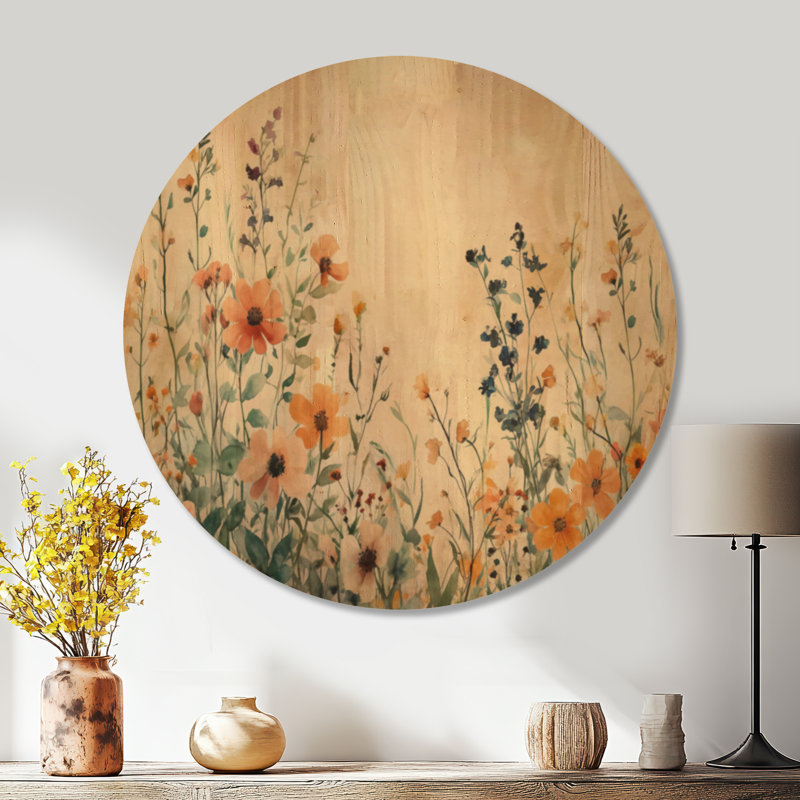 Brise des prairies fleuries - Tableau rond en bois à motif floral, Rond 23 po, Rond