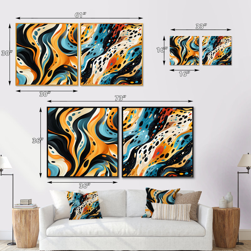 Retro Futurism In Orange And Blue Waves - Abstract Square Collage Set Of 2, 16" H x 33" W, Black Floater Framed