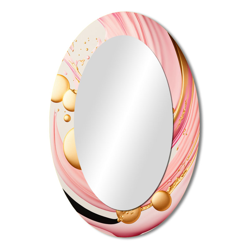 Pink And Gold Abstract Circles II - Pink Modern Oval Wall Mirror, 36" x 24"