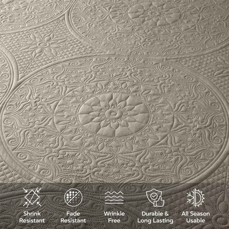 Floral Embossed Quilted California King 3-Pieces Bedspread Set With Pillow Shams – Lightweight & Machine Washable, Beige