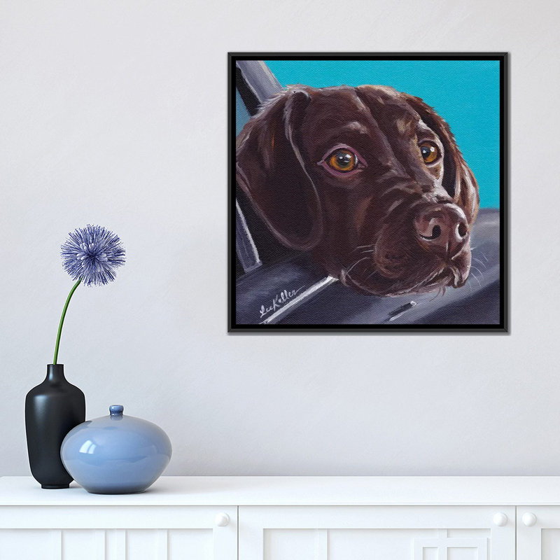 «Chocolate Lab in Car», impression sur toile, H 18 po x l 18 po x P 1,5 po, Toile avec cadre noir