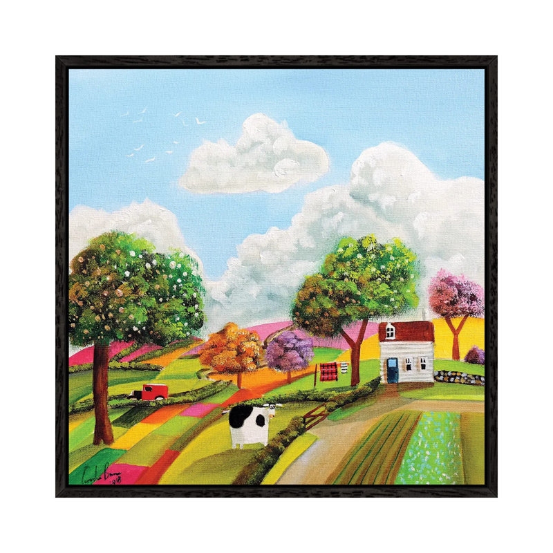 Patchwork Fields by Gordon Bruce - Painting on Canvas, 45.72 cm H x 45.72 cm W, Black Framed