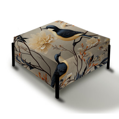 Beige Birds On Branch Collage - Floral Large Square Ottoman