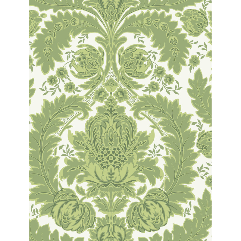 Albemarle Coleridge Damask Wallpaper Roll, Green/Ivory
