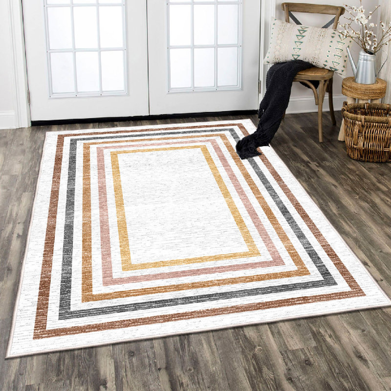 Luxurious Cotton Area Rug (80 x 120 cm / 2.6 x 4.0 ft), Antibacterial & Non-Slip PVC Underside | Soft Pile Height: 0.4 in, Total Thickness: 0.3 in | Machine Washable, Cream, Yellow, Tile Red, Orange, Black Design for Modern Living Spaces
