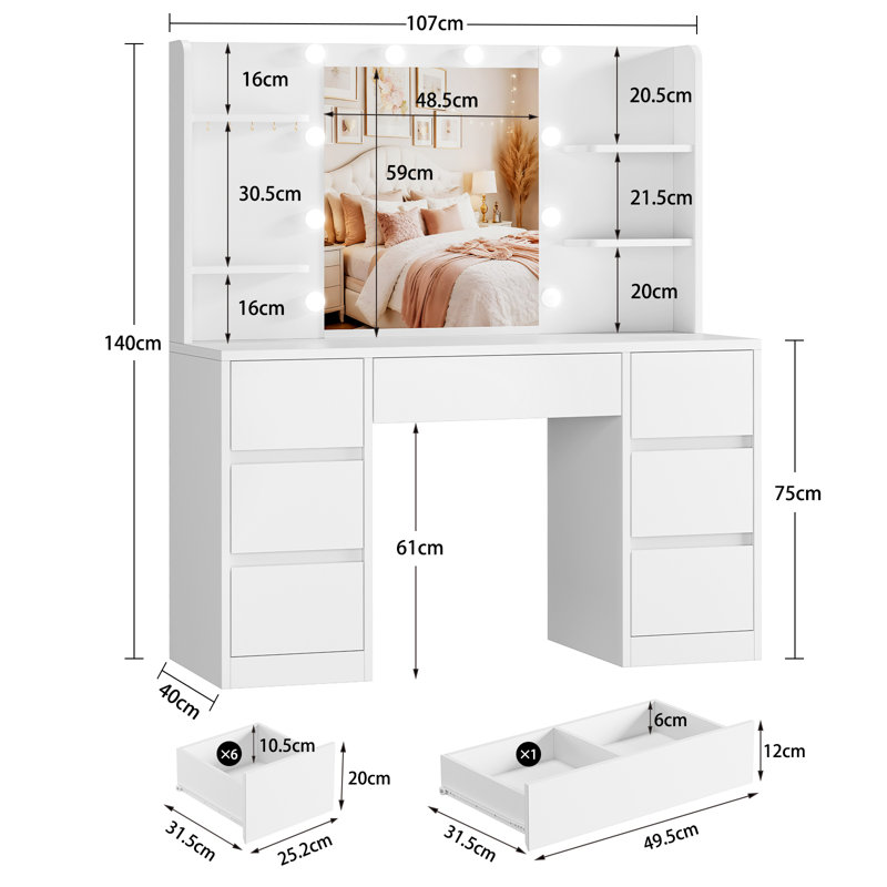 Dressing Table with Mirror and Light, Makeup Vanity with 7 Drawers and 4 Shelves, for Bedroom, White