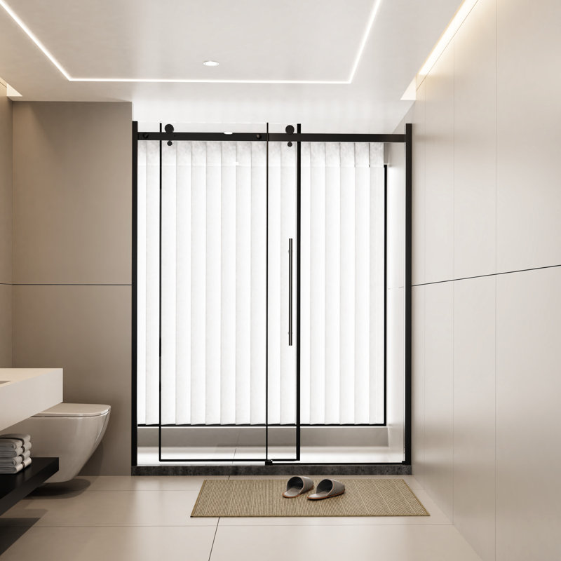 60.In W X 72.In H Shower Door, Clear Tempered Glass, Zinc Roller Rail, Stainless Steel Handle, Fashionable Design, Matt Black 1/4 Inch Stylish Outlook,
