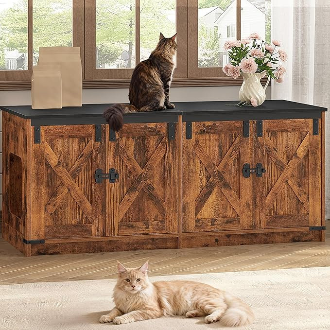 Enceinte de litière pour chat pour 2 chats, armoire à litière cachée avec chambre double, maison de chat d'intérieur, style campagnard, brun rustique 46,7 x 18,9 x 21,1 pouces