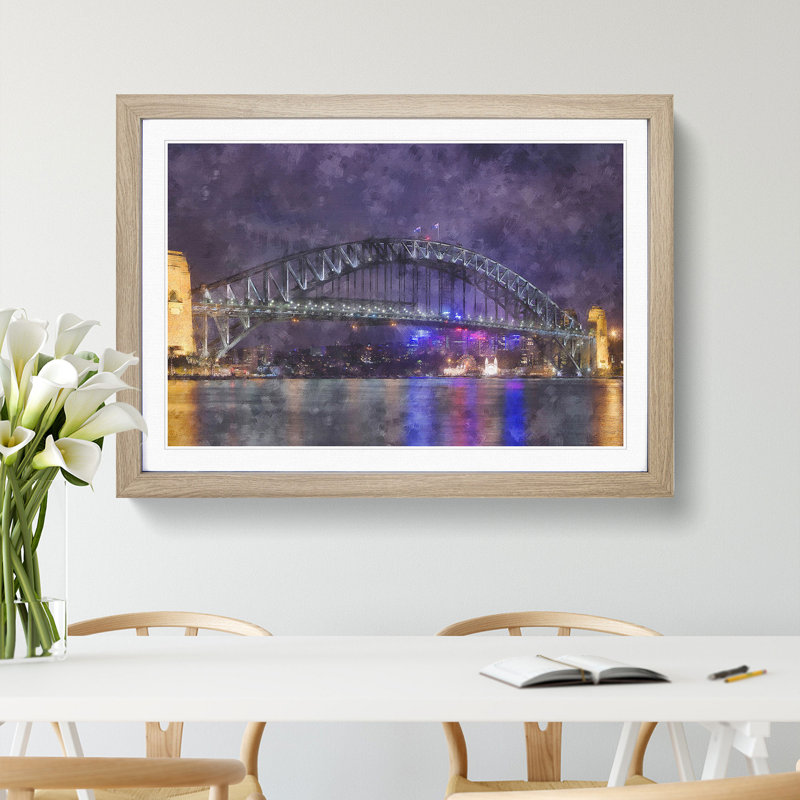 Harbour Bridge in Sydney - Picture Frame Graphic Art, Oak Framed, 27cm H x 36cm W x 2cm D