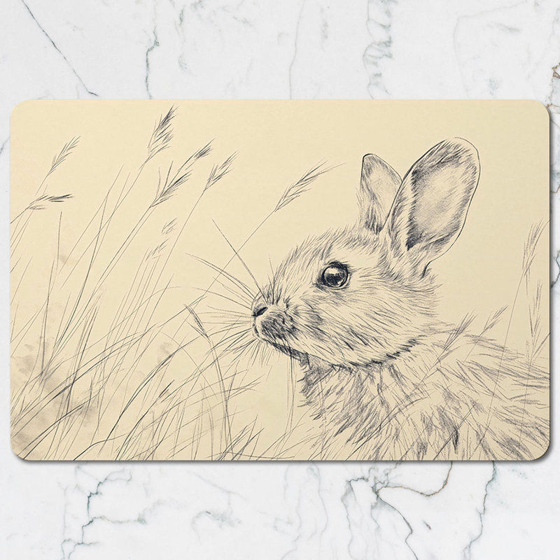 Beige Bunny Sketch Placemat And Coaster Set With Rabbit Illustration