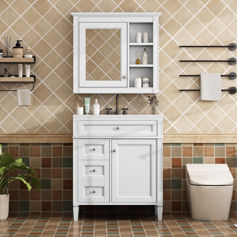 Ensemble de meuble-lavabo moderne 30 "avec lavabo et armoire à miroir, Argent argent, Blanc