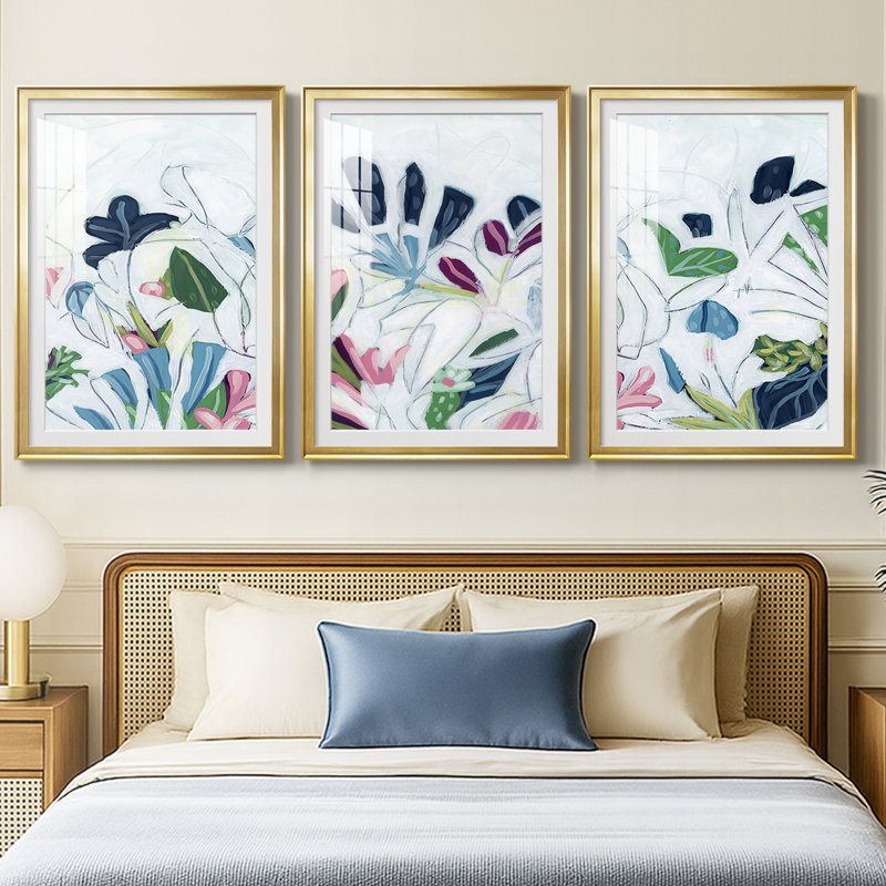 Trace tropicale III - reproduction encadrée sur mesure de qualité supérieure mate - 3 pièces, H 21 po x l 30 po, Doré