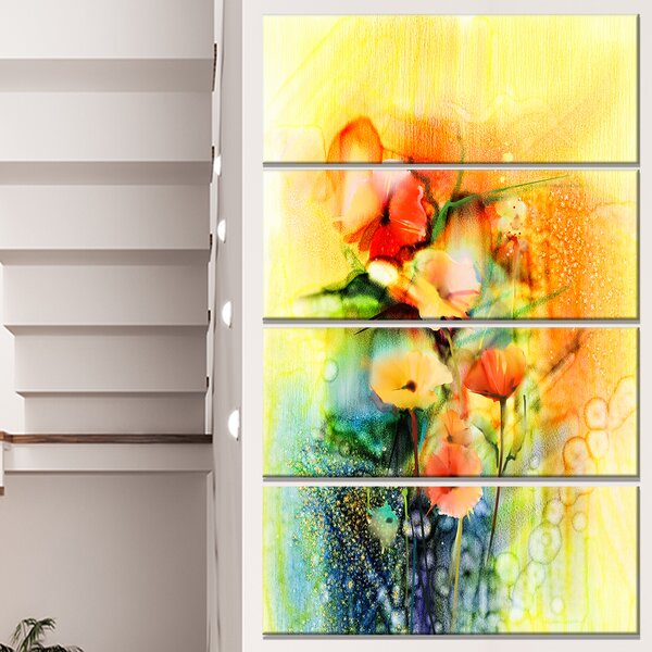 DesignArt Colored Watercolor Flowers On Yellow On Canvas Print | Wayfair