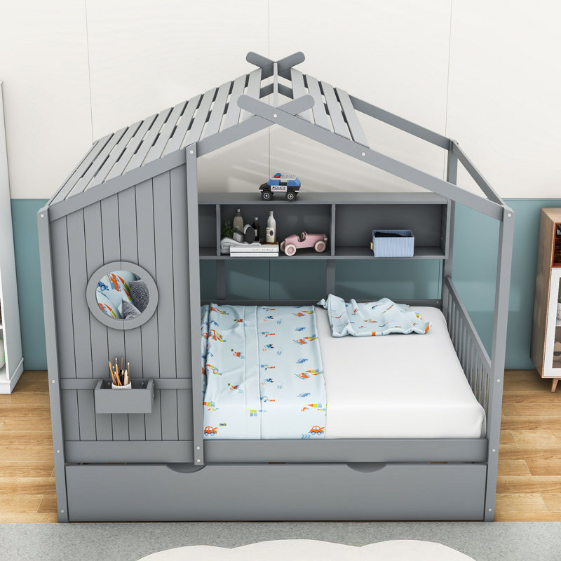 Aliyyah Wood House Daybed With Twin Size Trundle and Shelves, Gray, Full
