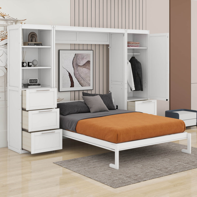 Grand lit escamotable avec placard, tiroirs et tablettes, Blanc