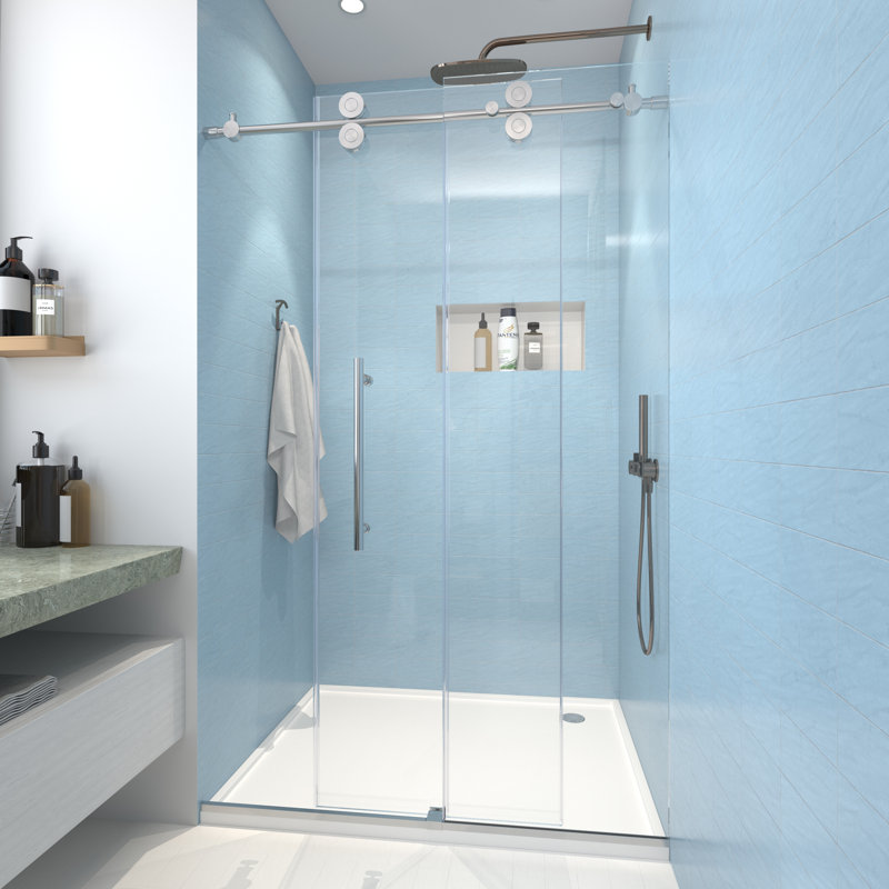 Julien 48" W x 76" H Single Sliding Frameless Shower Door with Heat Soaking Process and Protective Coating Treatment, Chrome