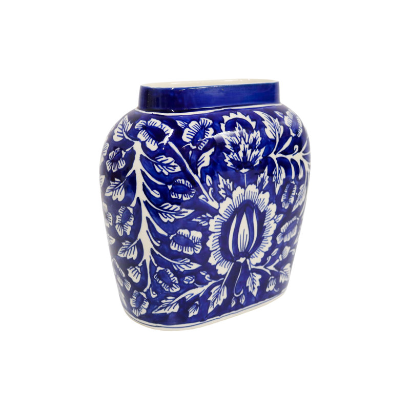 Home&Manor Ceramic Large Blue Vase, Blue, 10.5" H x 10" W x 5" D