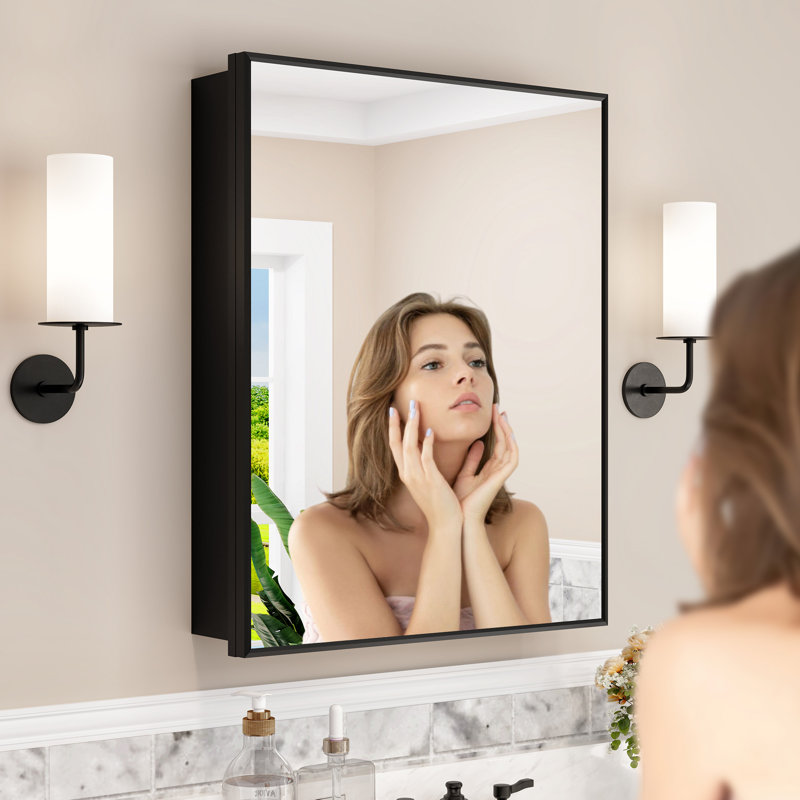 24" W x 30" H Elise Iron Framed Recessed/Surface Mount Medicine Cabinet with Mirror, Adjustable Glass Shelves for Makeup, Shaving or Bathroom Vanity Storage