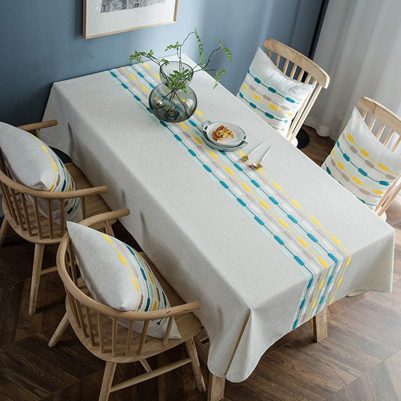 Embroidery Tablecloth,220.98 X 134.62 Cm,Grey,Green And Yellow