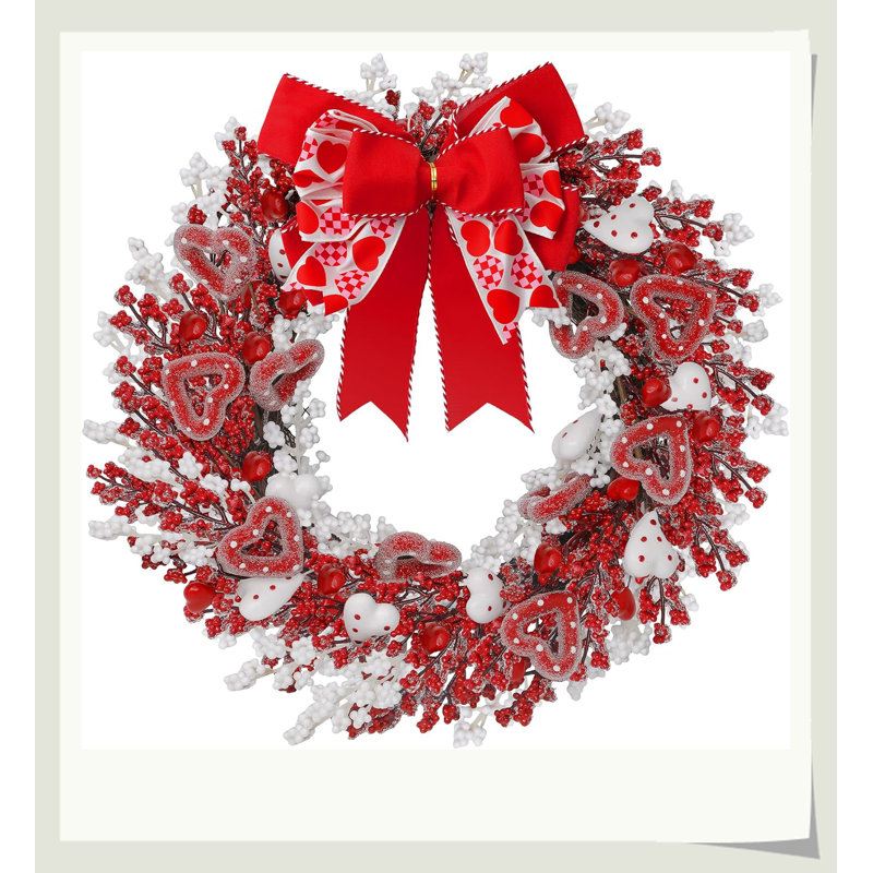 Couronne de la Saint-Valentin, couronne de 22 po, cœurs blancs et rouges, conception de nœuds de baies, décor intérieur et extérieur romantique couvert pour la fête à la maison