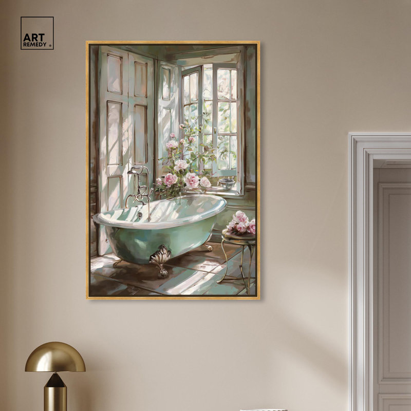 «Spring Bliss Bathroom Canvas Farmhouse» par Art Remedy, Cadre doré, H 46 po x l 31 po
