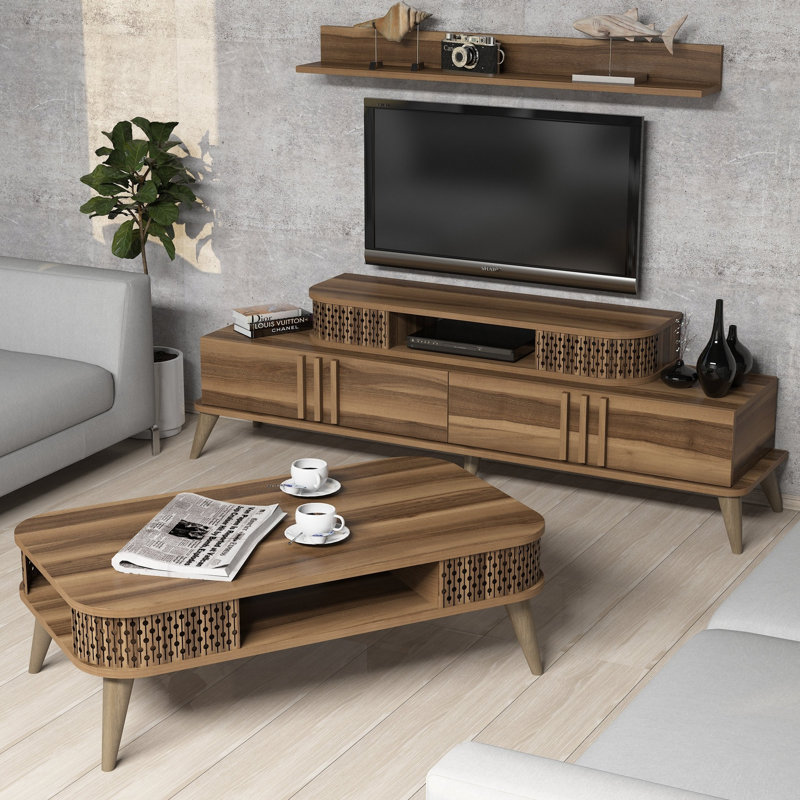 Ensemble de mobilier de salon moderne, finition noyer, 3 pièces | Meuble télé (66,1 x 20,3 x 15,4 po), table basse (41,3 x 13,6 x 23,6 po), tablette murale (47,2 x 4,7 x 15,7 po) | Panneau de particules enduit 100% mélamine, design élégant et fonctionnel