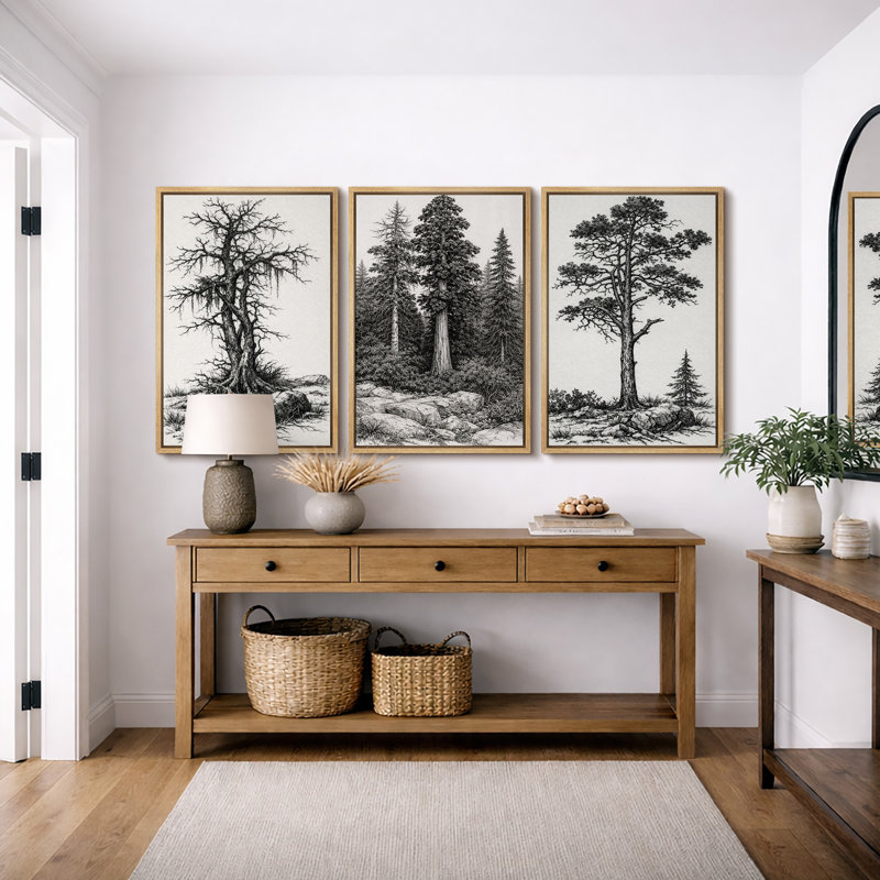 Œuvre d'arbre de forêt rétro, photos de salon rustique, impression sur toile encadrée, 3 pièces, H 36 po x l 72 po x P 1,5 po